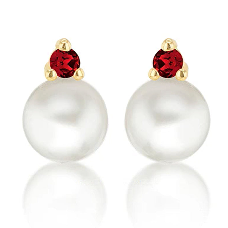 9ct Yellow Gold Pearl & Red Cubic Zirconia Stud Earrings