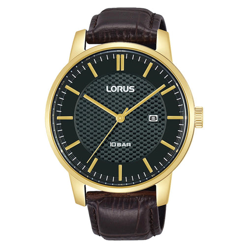 Lorus Gents Gold Tone Black Dial Leather Strap Watch RH980NX9