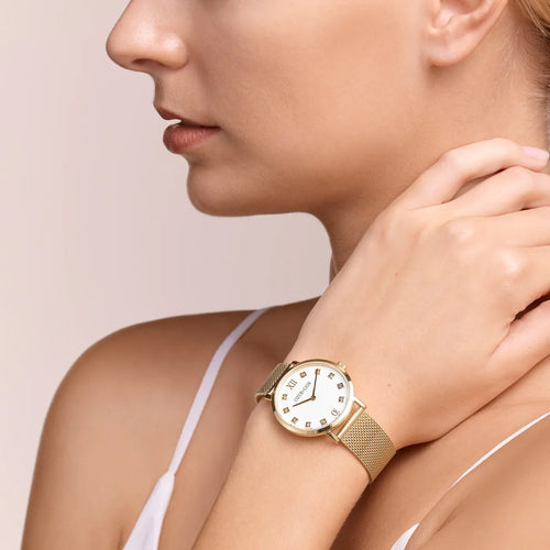 Coeur De Lion Round White Gold Plated Mesh Watch