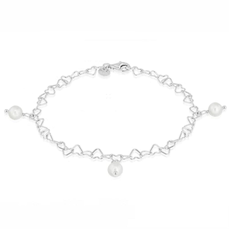 Sterling Silver Open Heart Link with Simulated Pearl Droplets 19cm Bracelet