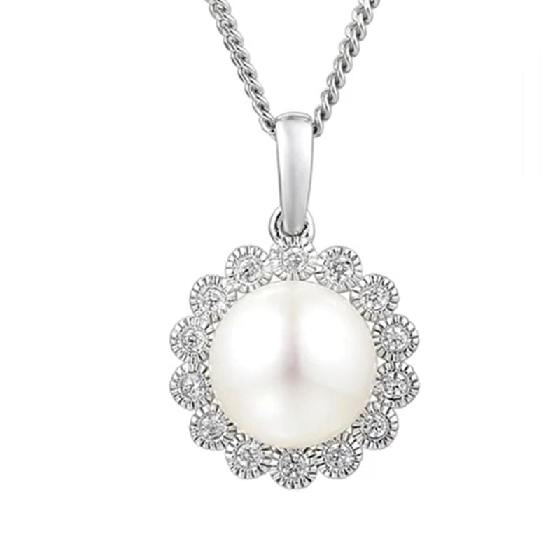 Silver 8mm Freshwater Pearl & Cubic Zirconia Cluster Pendant & Chain