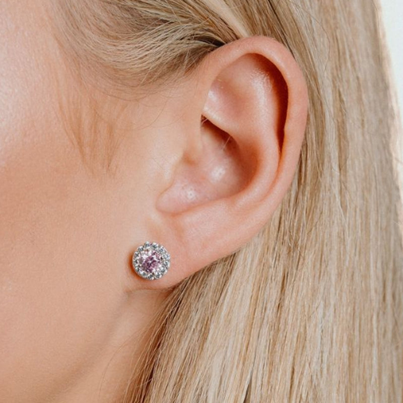 Diamonfire Silver Dusky Pink & Clear Cubic Zirconia Round Cluster Stud Earrings