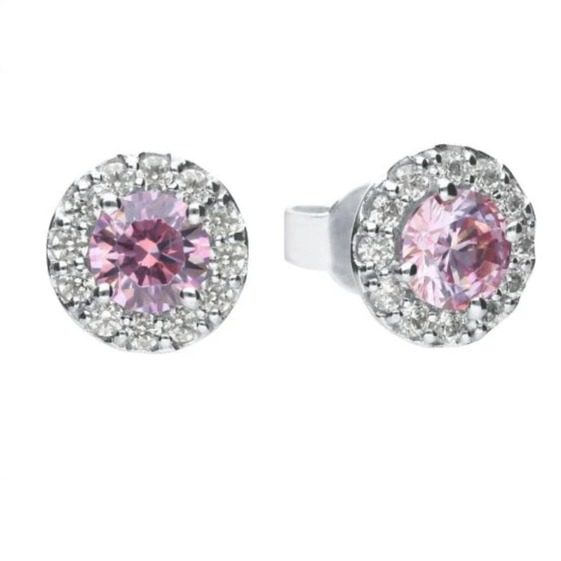 Diamonfire Silver Dusky Pink & Clear Cubic Zirconia Round Cluster Stud Earrings