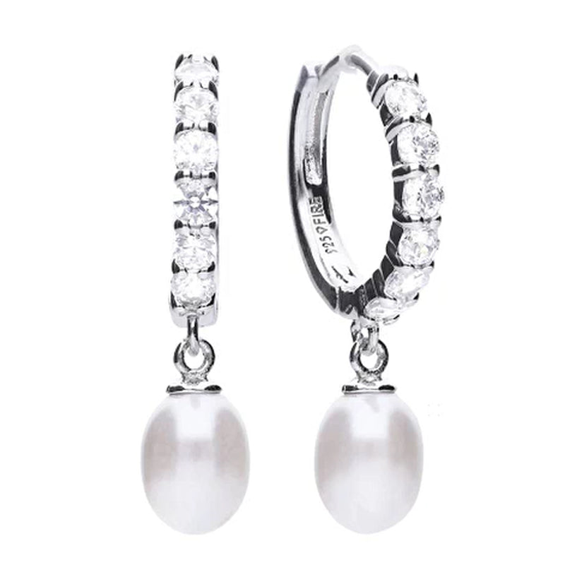 Diamonfire Silver Cubic Zirconia Hoop With Pearl Drop Earrings