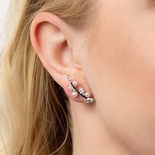 Diamonfire Silver Cubic Zirconia & White Pearl Crawler Stud Earrings