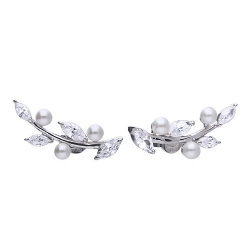 Diamonfire Silver Cubic Zirconia & White Pearl Crawler Stud Earrings