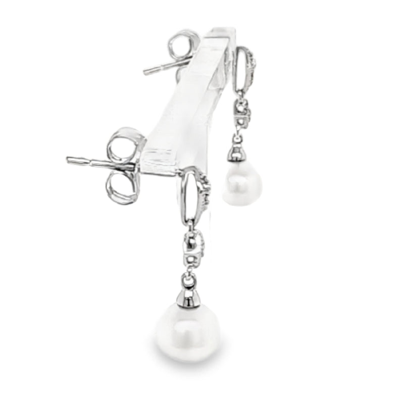 9ct White Gold Freshwater Pearl And Diamonds Drop Earrings