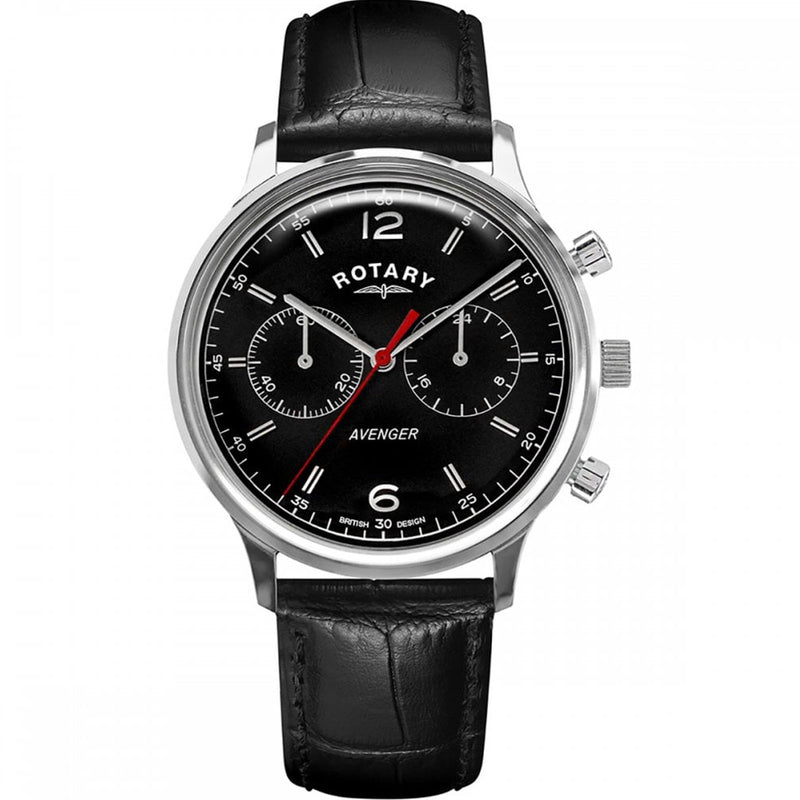 Rotary Gents Avenger Chronograph Black Dial Leather Strap Watch GS05203/04