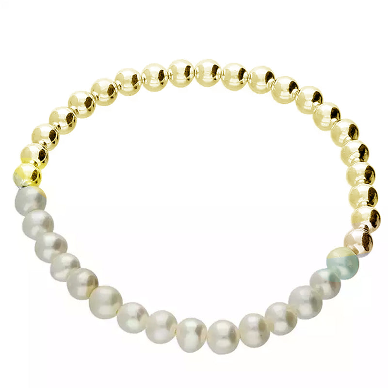Silver Gold Plated Fresh Water Pearl + Bead Stretchy Bracelet