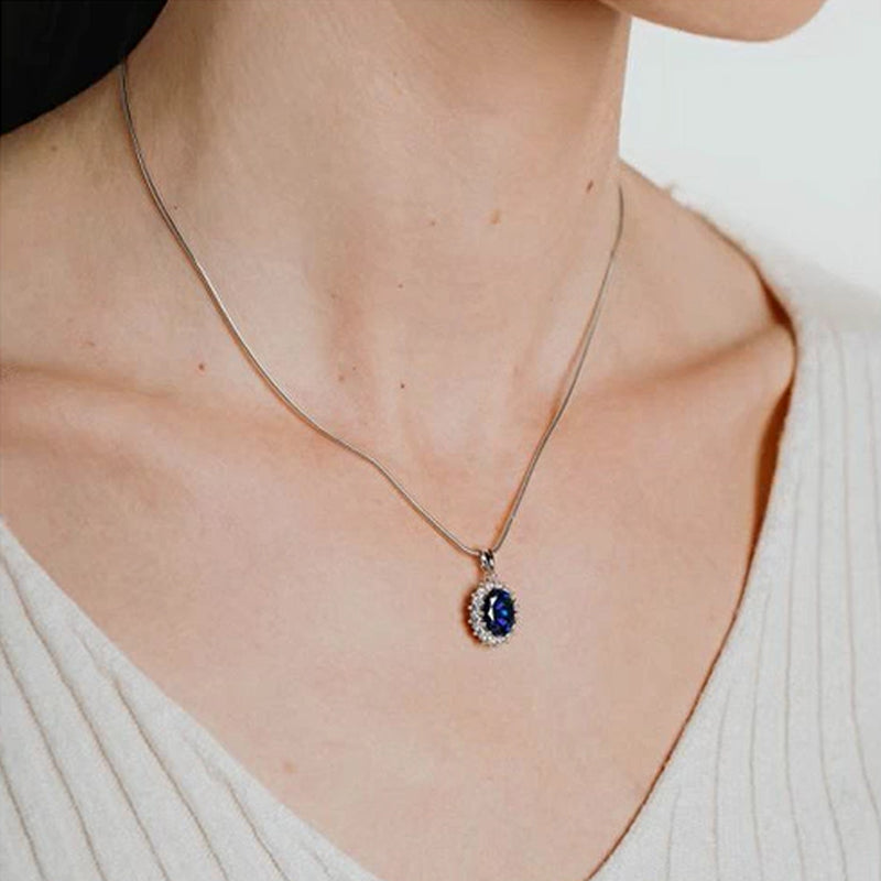 Diamonfire Silver Oval Blue & White Cubic Zirconia Cluster Pendant & Chain