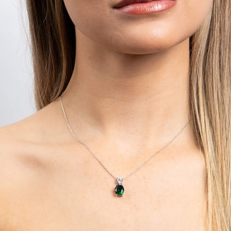 Diamonfire Silver Oval Green & White Cubic Zirconia Pendant & Chain