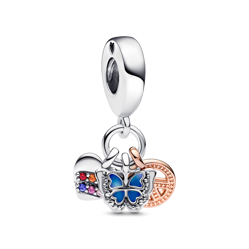 TWO-TONE RAINBOW HEART, BUTTERFLY & PEACE TRIPLE DANGLE CHARM