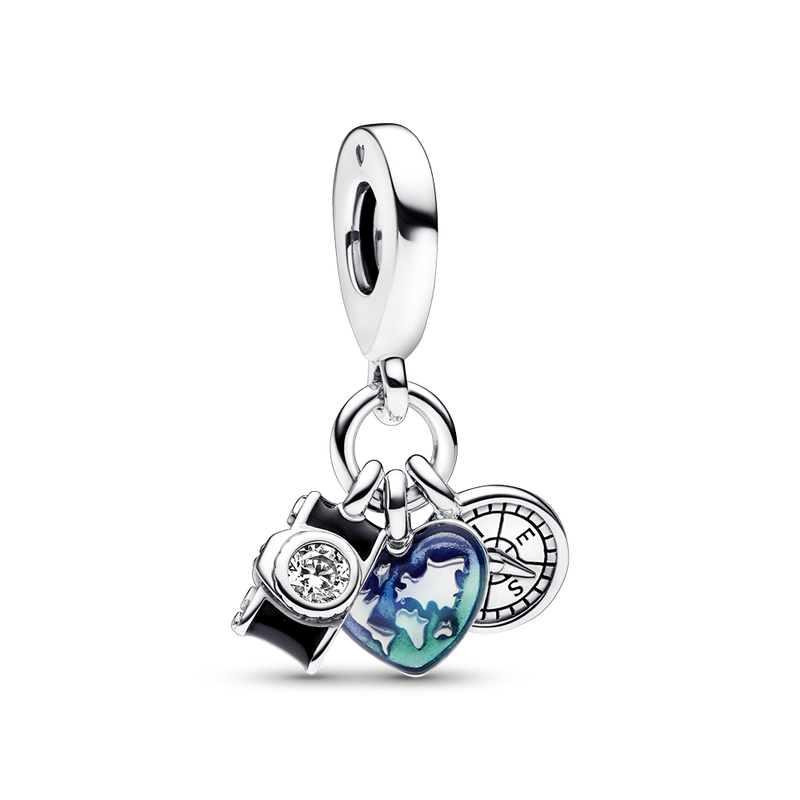 CAMERA, HEART & COMPASS TRIPLE DANGLE CHARM