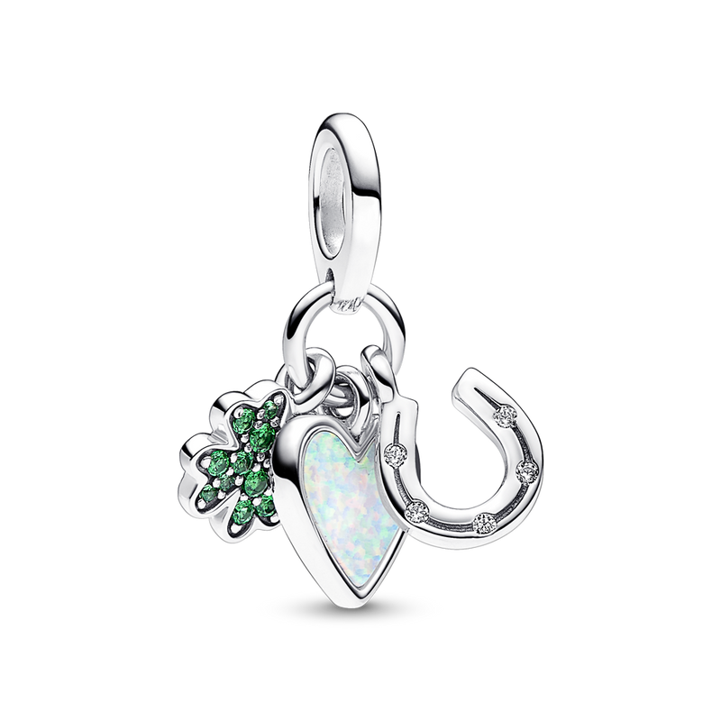 FOUR LEAF CLOVER, HEART AND HORSESHOE TRIPLE DANGLE CHARM