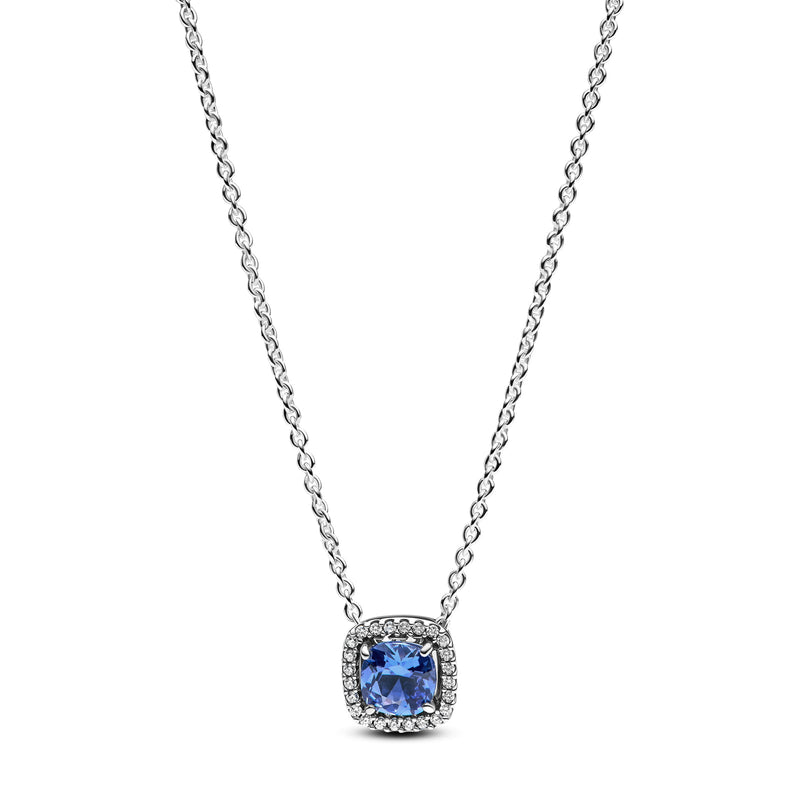 Sparkling Square Blue Halo Pendant Necklace