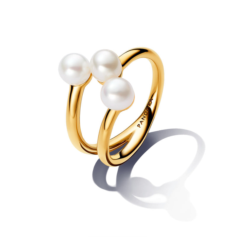 Treated Freshwater Cultured Pearl & Organically Shaped Double Band Ring