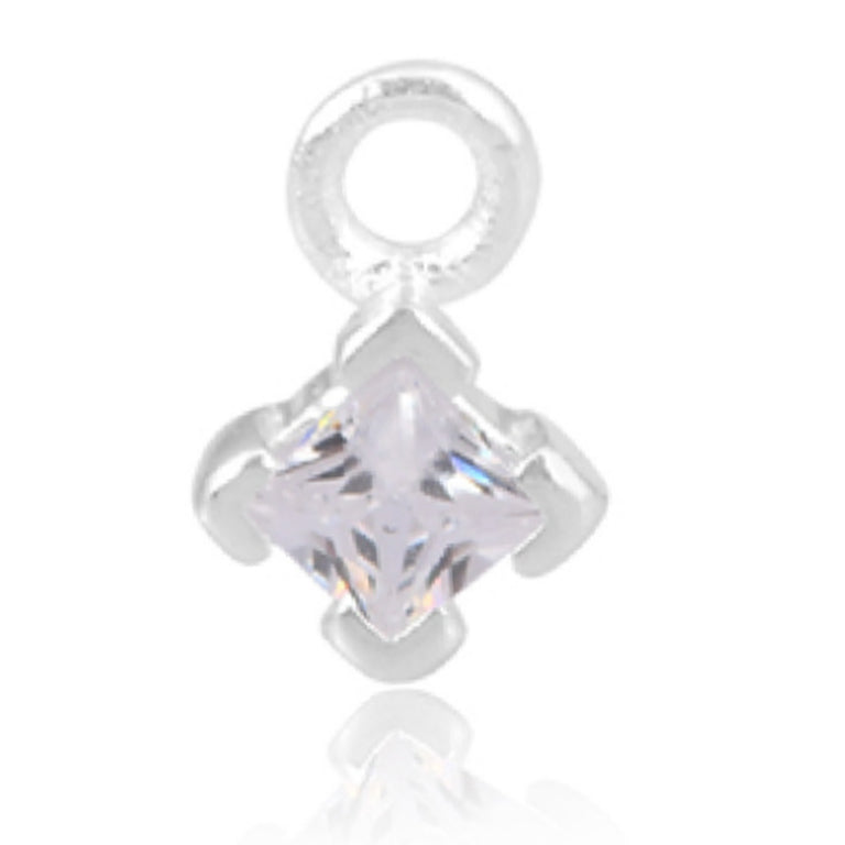 Sterling Silver 3mm Square Cubic Zirconia April Birthstone Charm