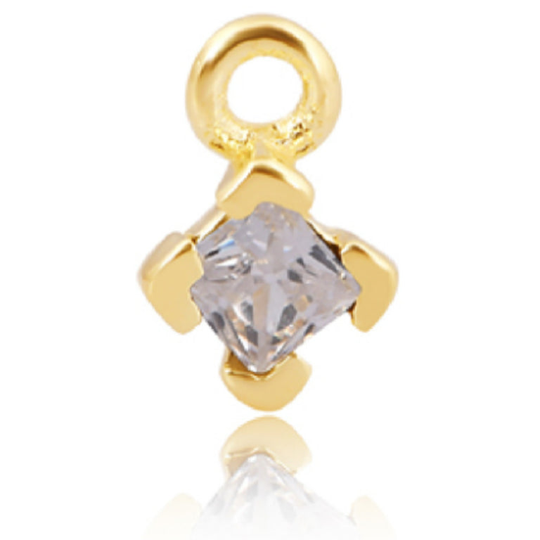 14ct Gold Vermeil 3mm Square Cubic Zirconia April Birthstone Charm.