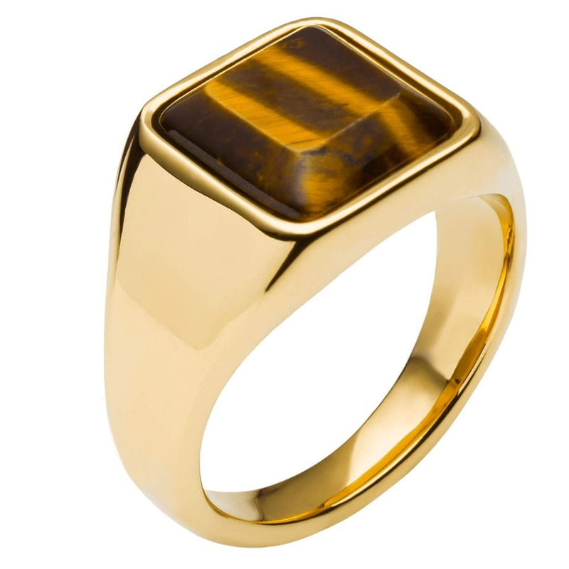 Fred Bennett Stainless Steel Gold Plated Tigers Eye Signet Ring R3857Y