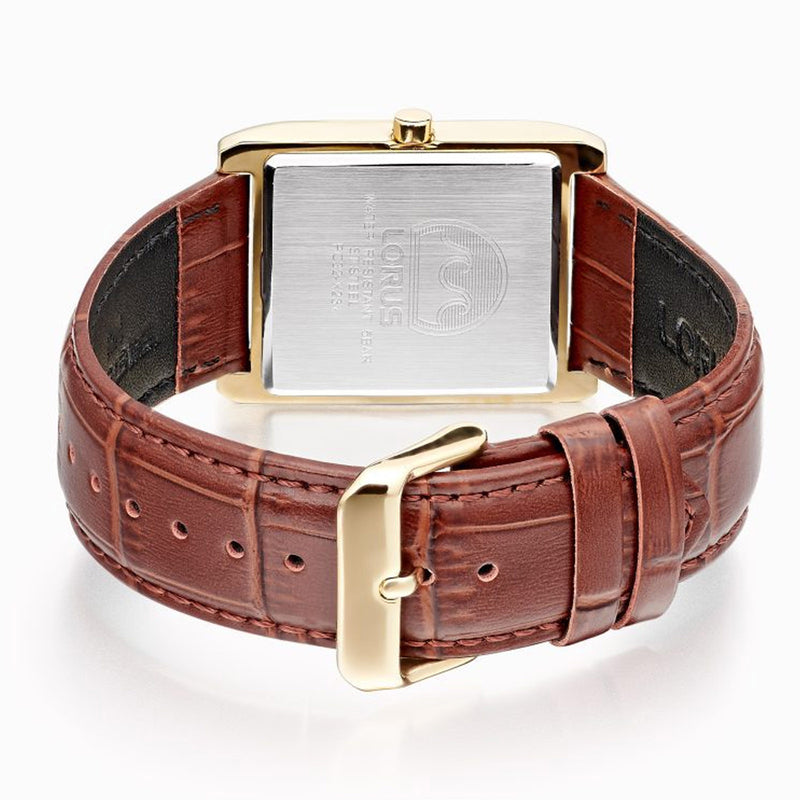 Lorus Gents White dial Rectangle Brown Leather Strap Watch RH940RX9