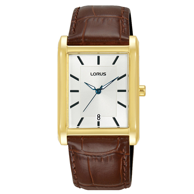 Lorus Gents White dial Rectangle Brown Leather Strap Watch RH940RX9