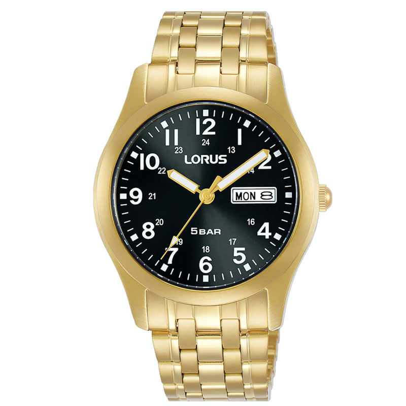 Lorus Gents Gold Tone Black Dial 27/7 Field Bracelet Watch RXN76DX9