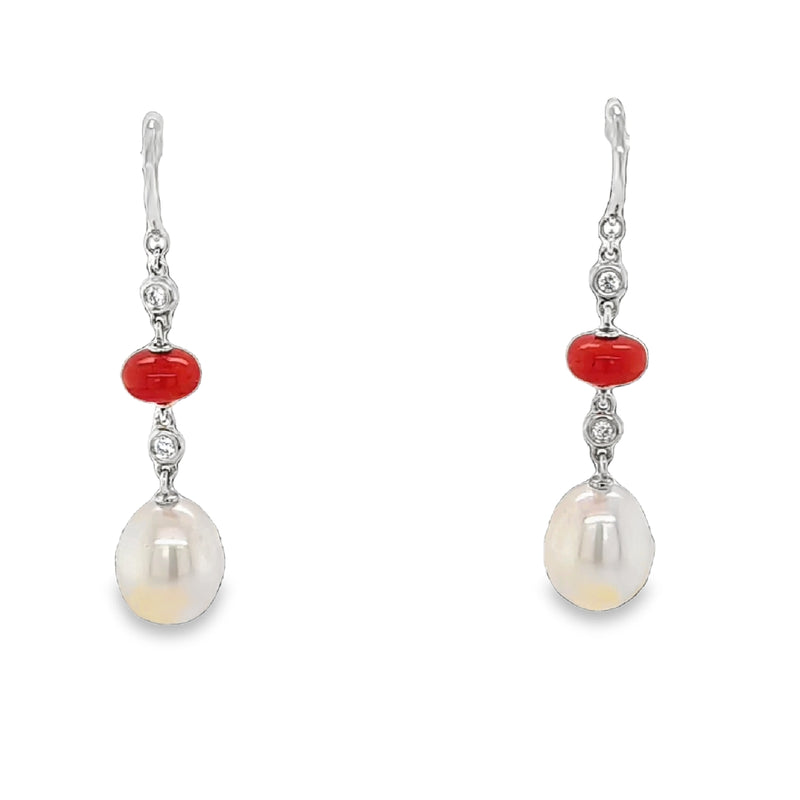 18ct White Gold Diamond Coral & Freshwater Pearl Drop Earrings